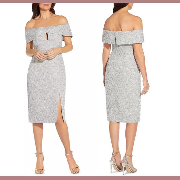 NWT $395 Aidan Mattox [ 6 ] Metallic Jacquard Off Shoulder Dress Blue Mist #Q379 - Picture 1 of 12